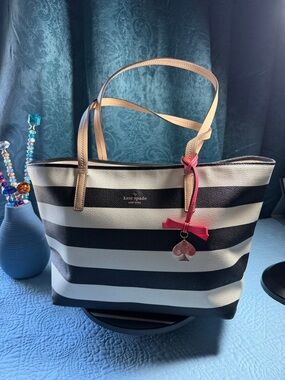 kate spade Black and White Striped Tote with Pink Charm